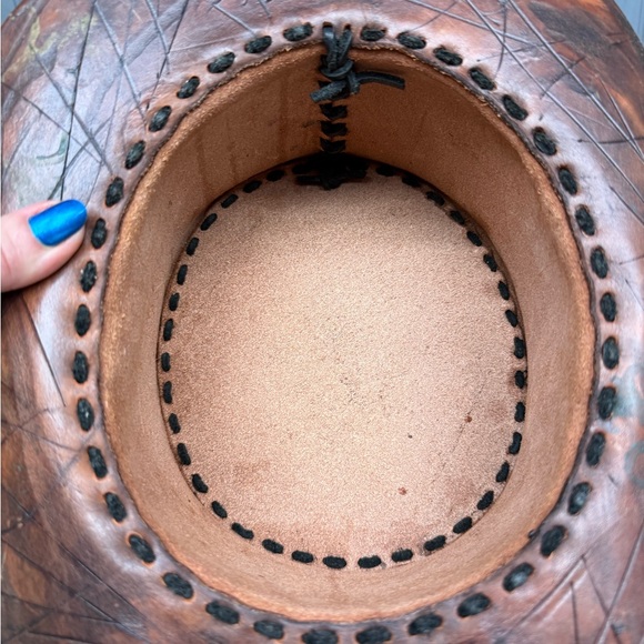 Vintage Hand-Tooled Leather Steampunk Top Hat, Small Fit, Whipstitch Unique Hat - Picture 10 of 15